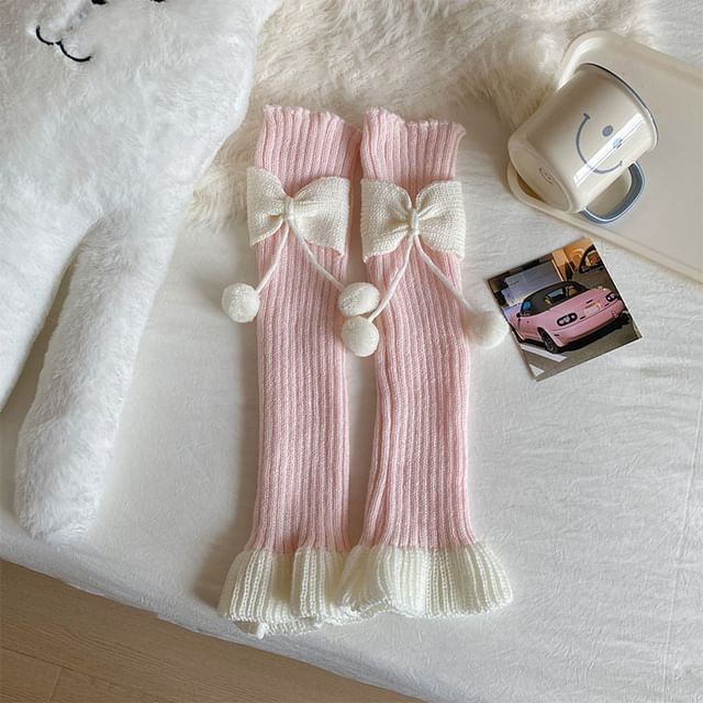 Two Tone Bow Pom Pom Ribbed Knit Leg Warmers SpreePicky