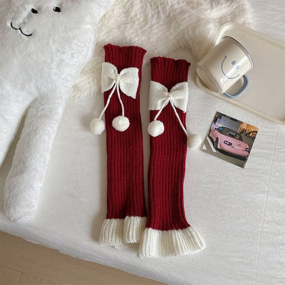 Two Tone Bow Pom Pom Ribbed Knit Leg Warmers SpreePicky