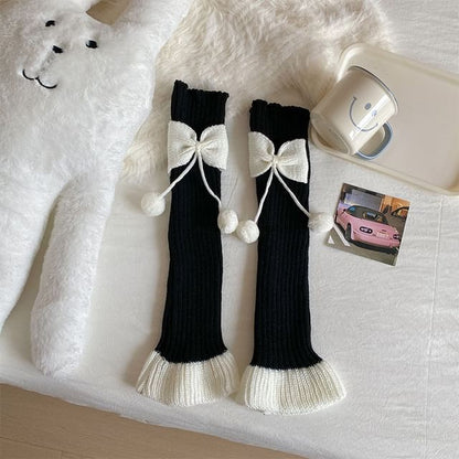 Two Tone Bow Pom Pom Ribbed Knit Leg Warmers SpreePicky