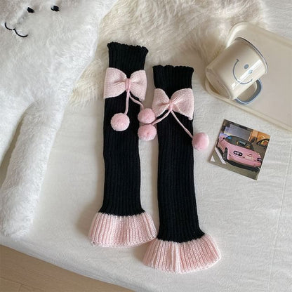 Two Tone Bow Pom Pom Ribbed Knit Leg Warmers SpreePicky