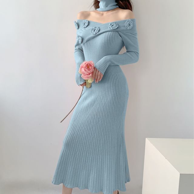 Long-Sleeve Off-Shoulder Plain Flower Detail Ribbed Knit Maxi Sheath Dress SpreePicky