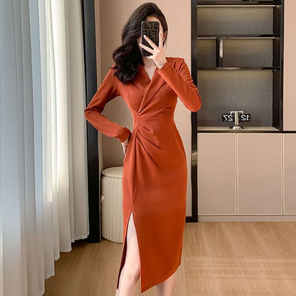 Long-Sleeve V-Neck Plain Side-Slit Ruched Midi Sheath Dress SpreePicky