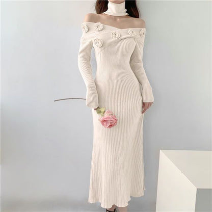 Long-Sleeve Off-Shoulder Plain Flower Detail Ribbed Knit Maxi Sheath Dress SpreePicky