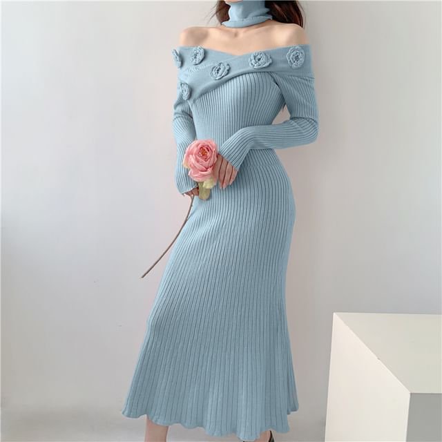 Long-Sleeve Off-Shoulder Plain Flower Detail Ribbed Knit Maxi Sheath Dress SpreePicky