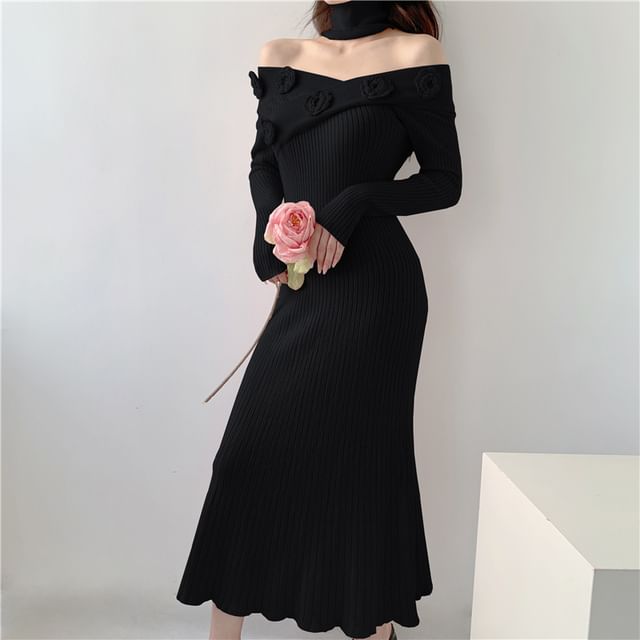 Long-Sleeve Off-Shoulder Plain Flower Detail Ribbed Knit Maxi Sheath Dress SpreePicky