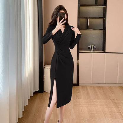 Long-Sleeve V-Neck Plain Side-Slit Ruched Midi Sheath Dress SpreePicky