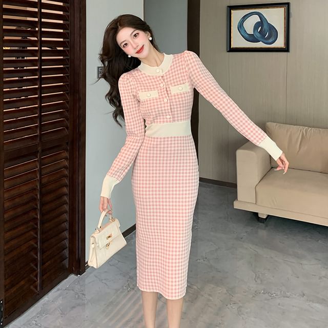 Long-Sleeve Henley Plaid Midi Sheath Dress SpreePicky