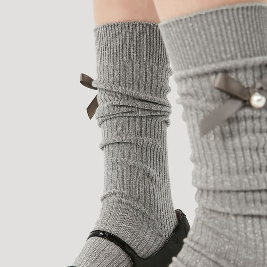 Bow Detail Glitter Mid-Calf Socks SpreePicky