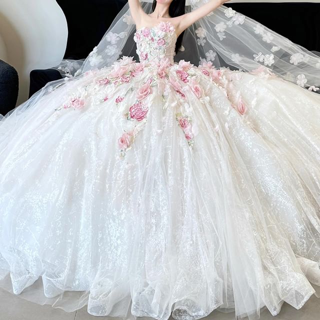Strapless Floral Detail Sheer Wedding Ball Gown FashionChic