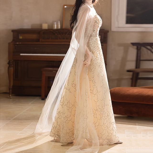 Spaghetti Strap V-Neck Floral A-Line Evening Gown / Sheer Panel Cape FashionChic