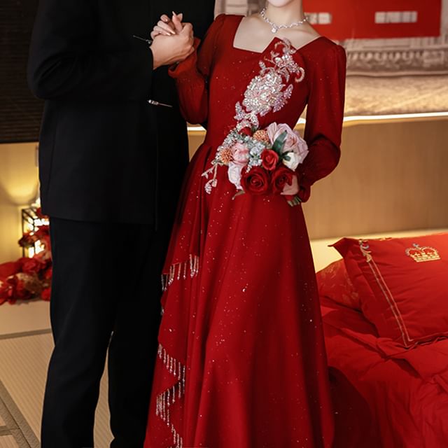 Long Sleeve Square Neck Embroidered A-Line Wedding Evening Gown FashionChic