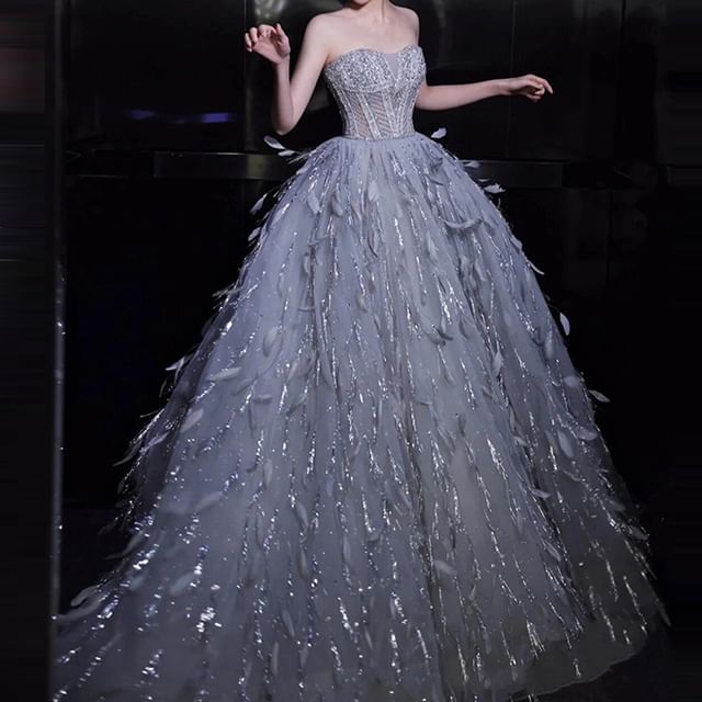 Strapless Sequin Feather A-Line Evening Gown FashionChic