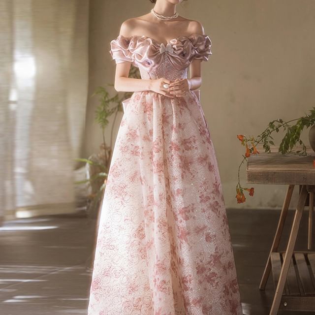 Off Shoulder Ruffle Trim Floral Print A-Line Evening Gown FashionChic