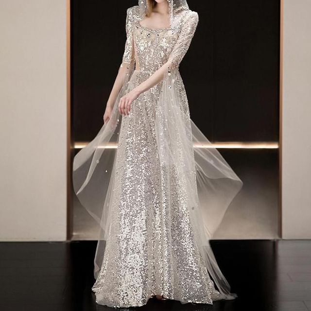 Scoop Neck Sequined Sheath Evening Gown FashionChic