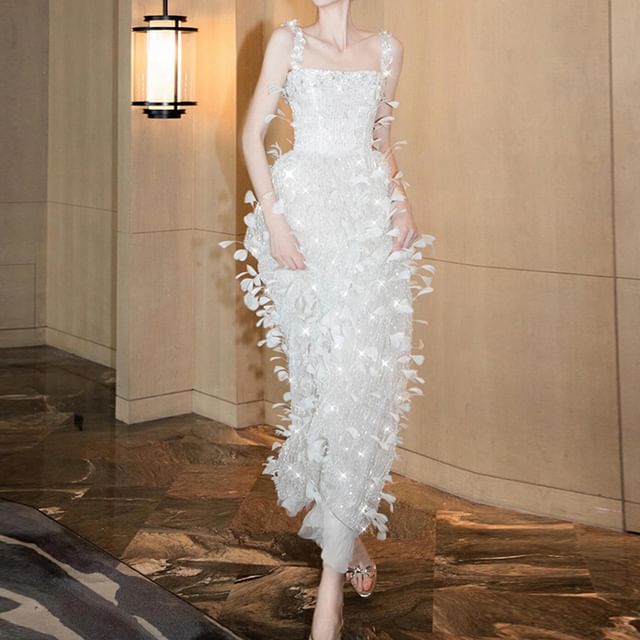Spaghetti Strap Square Neck Sequin Feather Sheath Evening Gown FashionChic