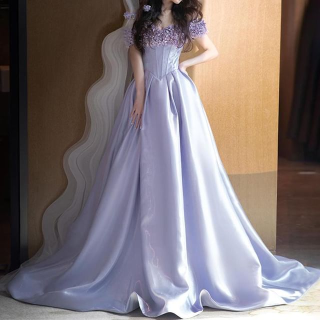 Off Shoulder Floral Applique A-Line Ball Gown FashionChic