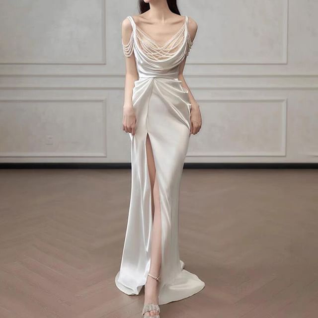 Sleeveless Scoop Neck Plain Ruched Slit Sheath Evening Gown FashionChic