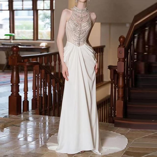 Sleeveless Faux Pearl High Neck Sheath Evening Gown FashionChic