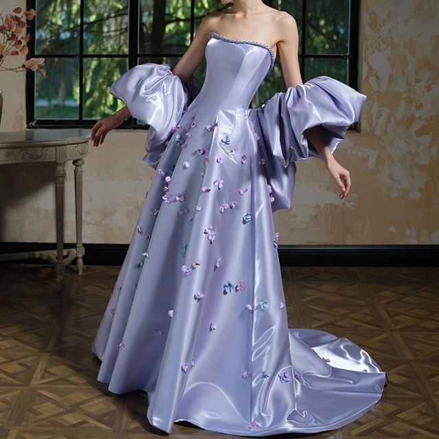 Set: Strapless Floral Applique A-Line Evening Gown + Arm Sleeves FashionChic
