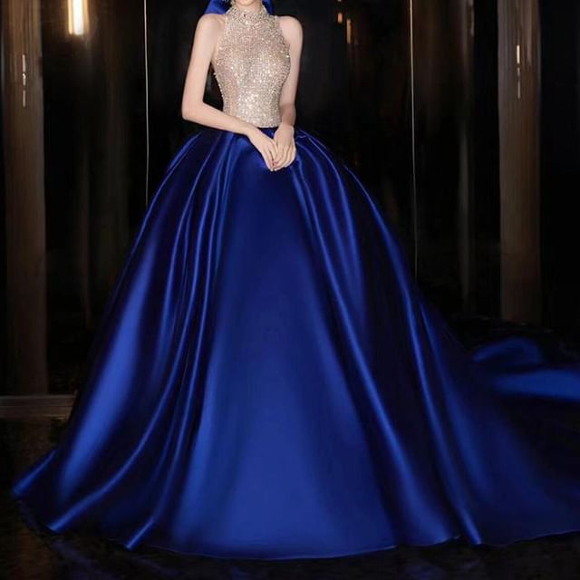 Halter Neck Sleeveless Sequined Two Tone Evening Ball Gown FashionChic