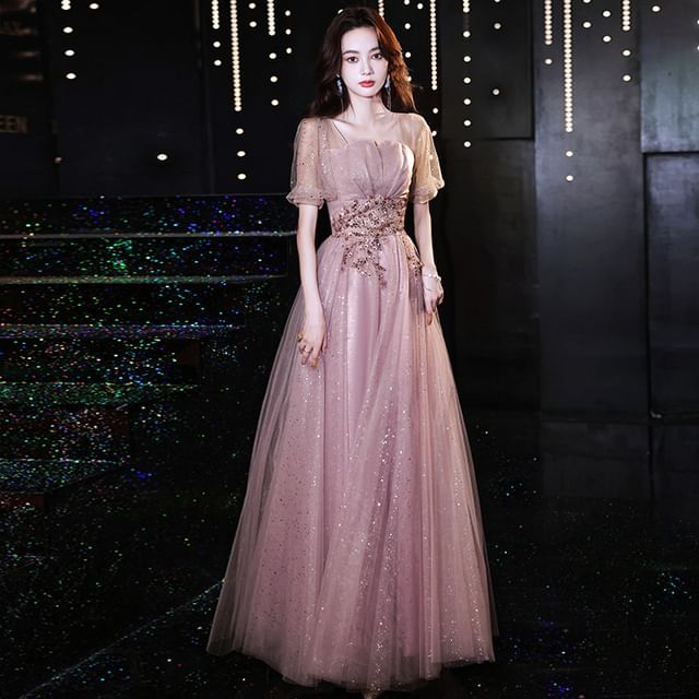 (Various Designs) Evening Tulle Sequin Short-Sleeve A-Line Gown FashionChic