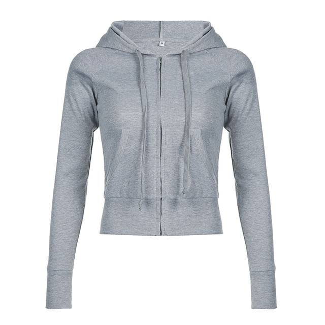 Hoodie Plain Drawstring Up Zip FashionChic