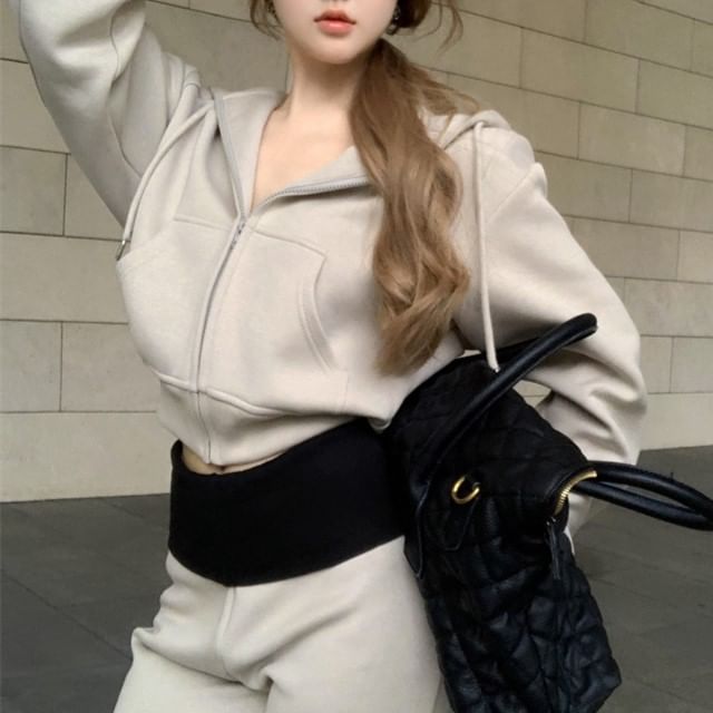 Tone Bootcut Plain Hoodie Drawstring Crop Zip High Two Rise / Sweatpants FashionChic