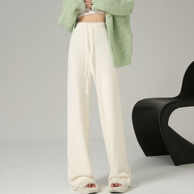 Knit Leg Plain High Wide Waist Pants FashionChic