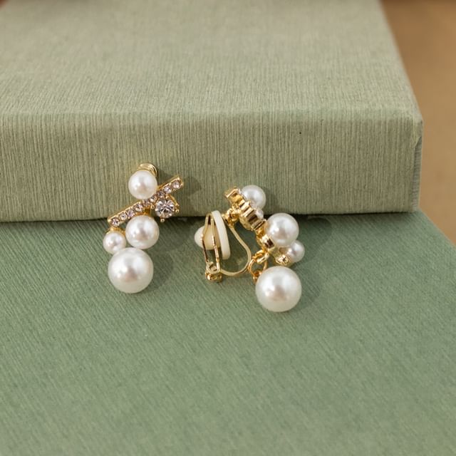/ Clip Faux On Pearl Earring Rhinestone Drop FashionChic