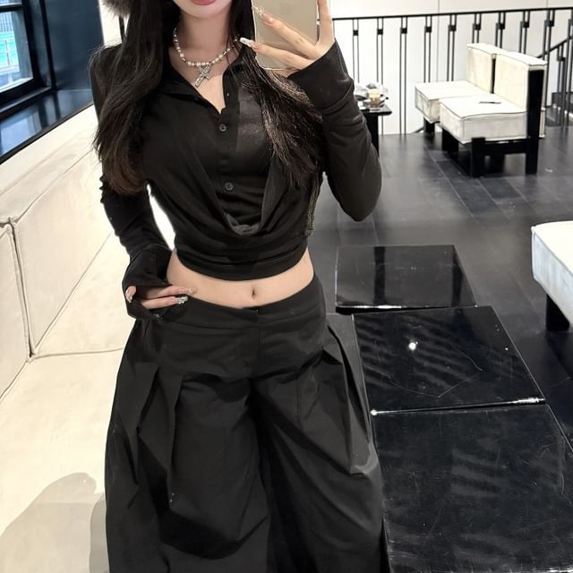 Cropped Long-Sleeve Rise Plain Wide Leg Inverted / Pleated Collar Low Tee Pants FashionChic