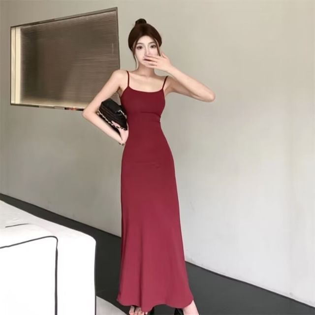 Plain Spaghetti Dress Bodycon Midi Neck Scoop Strap FashionChic