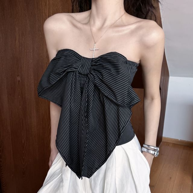 Bow / Top Plain Tube Accent Striped Crop Waist Pants Wide Leg High FashionChic