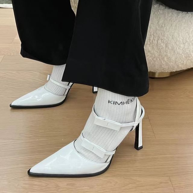 Strap Stiletto Toe Bow Ankle Pointed Leather Patent Accent Sandals FashionChic