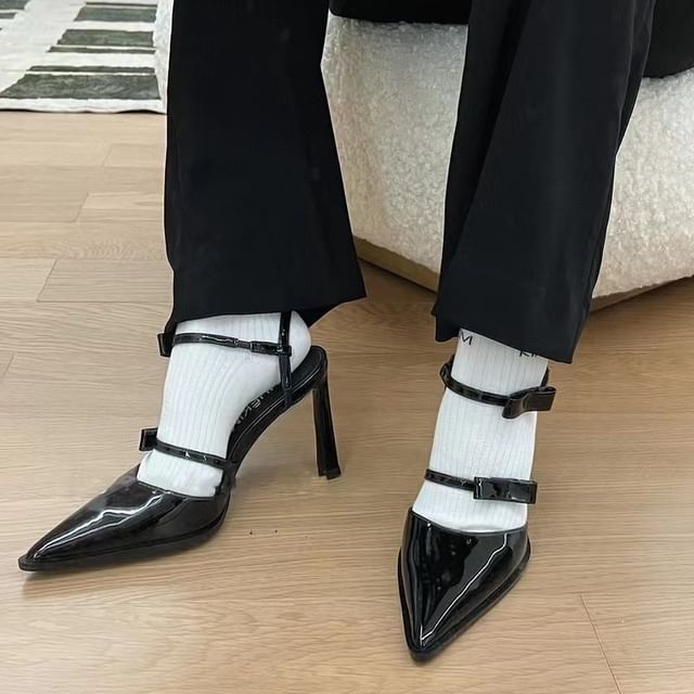 Strap Stiletto Toe Bow Ankle Pointed Leather Patent Accent Sandals FashionChic