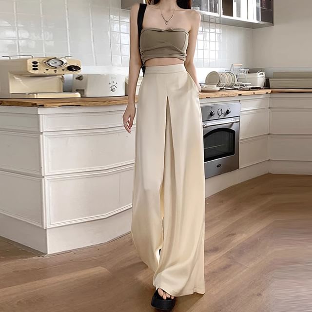 Leg Pants Wide Waist Plain High FashionChic