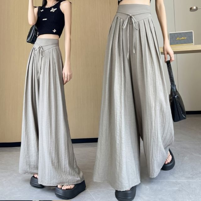Pants Designs) Pleated Plain Wide High Inverted (Various Leg Waist FashionChic