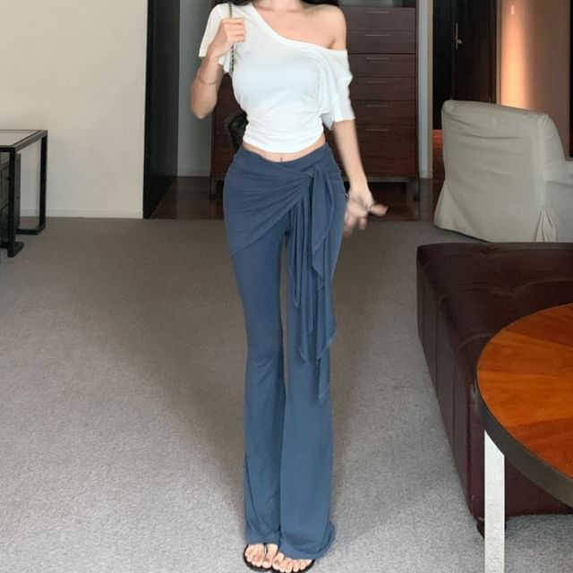 Shoulder Yoga / Plain Waist Overlay High Skirt Off Crop T-Shirt Pants Short-Sleeve FashionChic