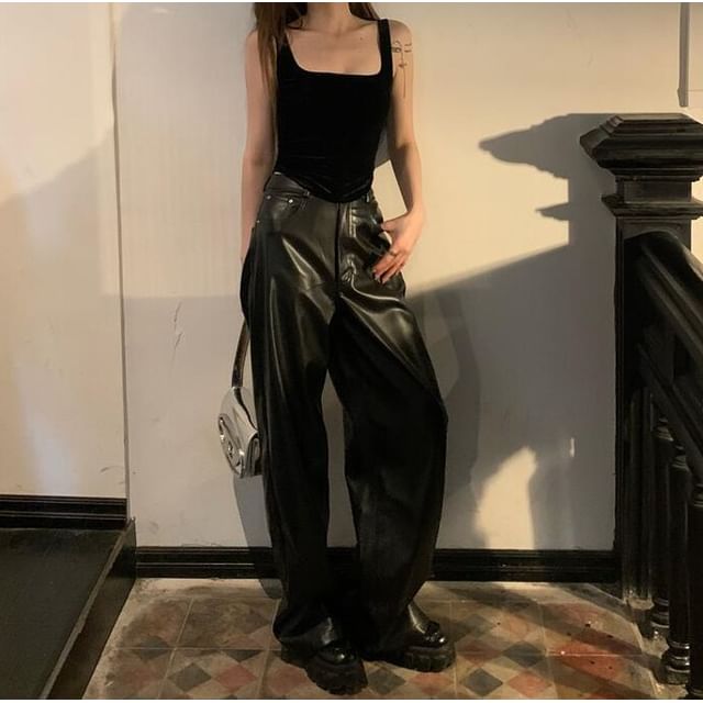 High Top Neck Faux / Flared Leather Plain Rise Pants Camisole Square FashionChic