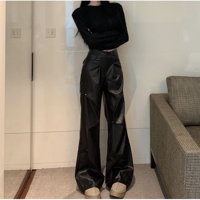 Plain Leather Wide Crop Pants Rise High Neck Faux / Leg Top Round Long-Sleeve FashionChic