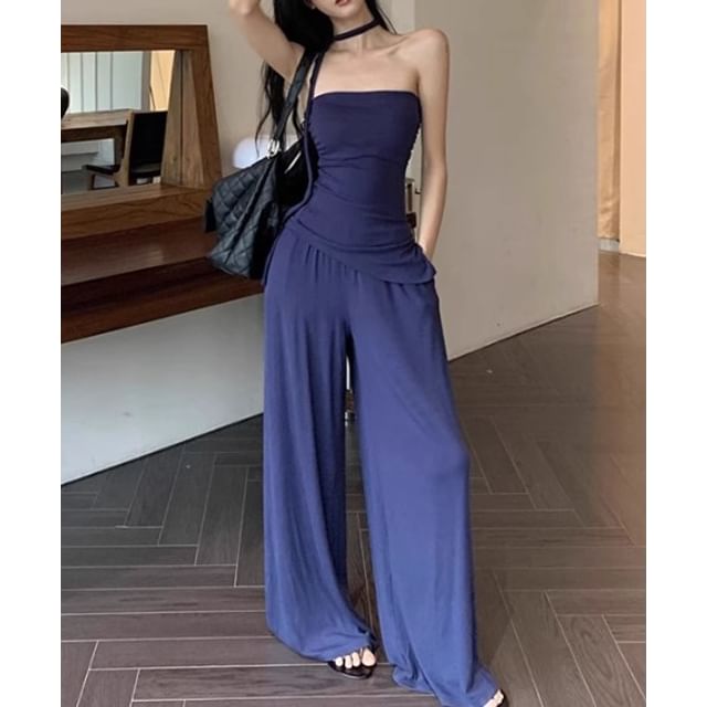 Tube Plain Strapless / Drawstring Waist Wide Top Pants Leg FashionChic
