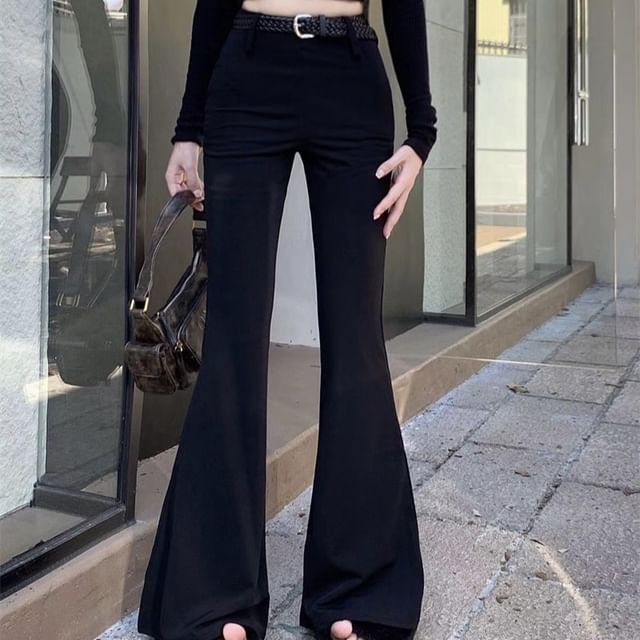 Pants Flared Rise High Plain FashionChic