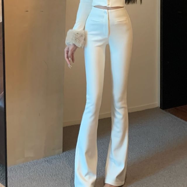 Flared Plain Pants High Rise FashionChic