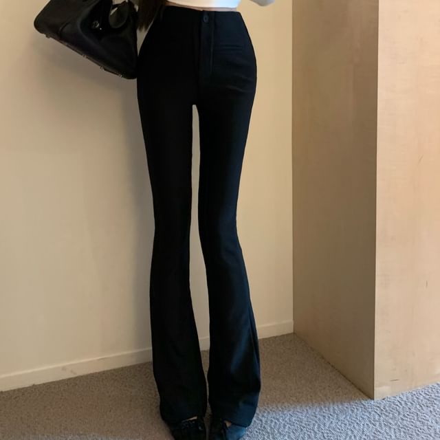 Flared Plain Pants High Rise FashionChic