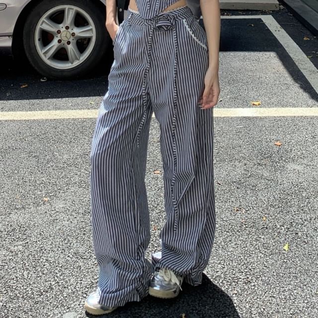 Waist Tube Leg Wide / Mid Pants Top Striped Strapless FashionChic