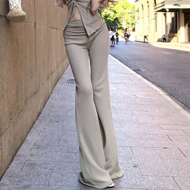Waist Side-Slit High Flared / Top Drawstring Strapless Plain Pants Asymmetrical FashionChic