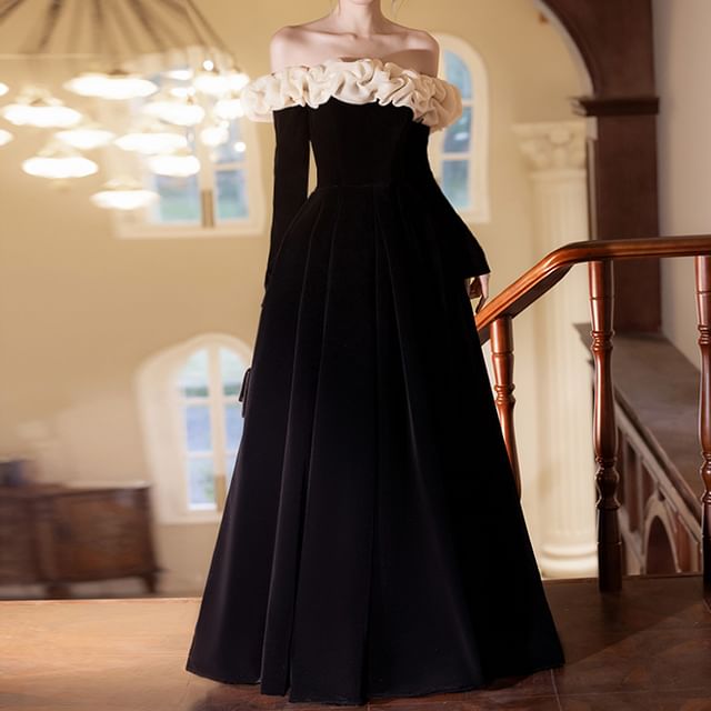 Long-Sleeve Off Shoulder Ruffle Trim Two Tone A-Line Evening Gown FashionChic