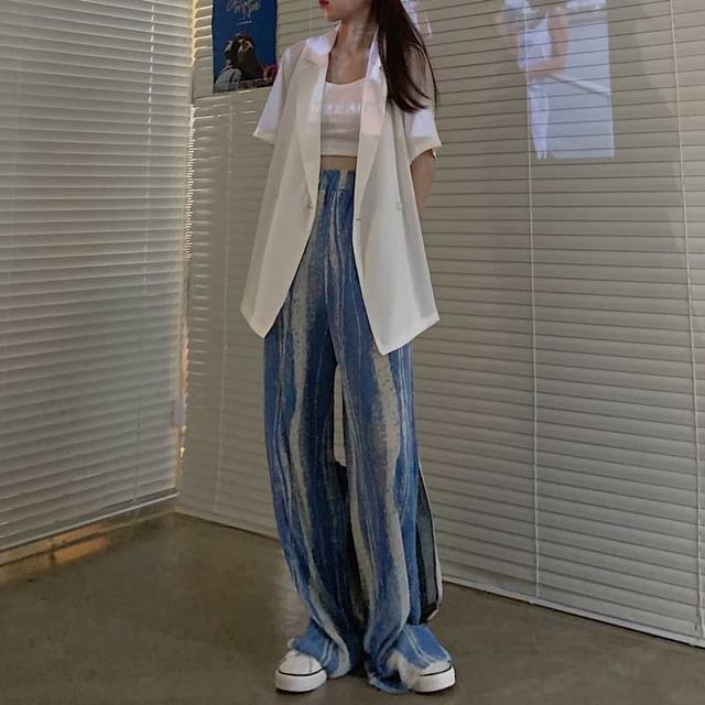 Pleated Print Leg Rise Wide Pants High Patterned FashionChic