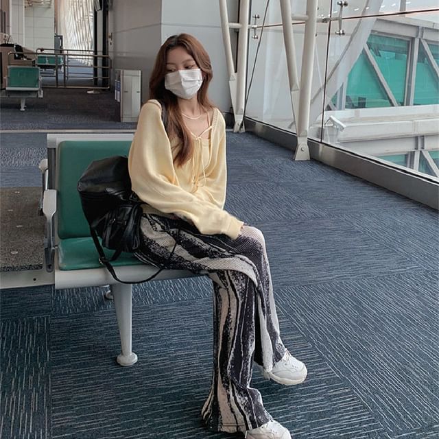 Pleated Print Leg Rise Wide Pants High Patterned FashionChic