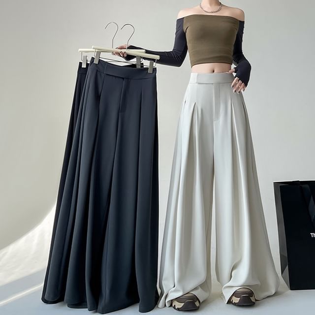 Plain Designs) Dress Waist High Wide Pants Leg (Various FashionChic