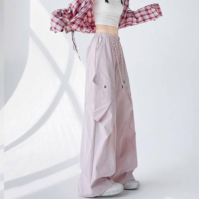 Wide Drawstring Cargo Leg Plain Pants Waist FashionChic